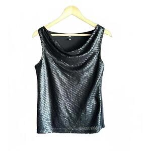 Talbots Women's Sleeveless Top Medium Black Sequin Draped Neckline Glam